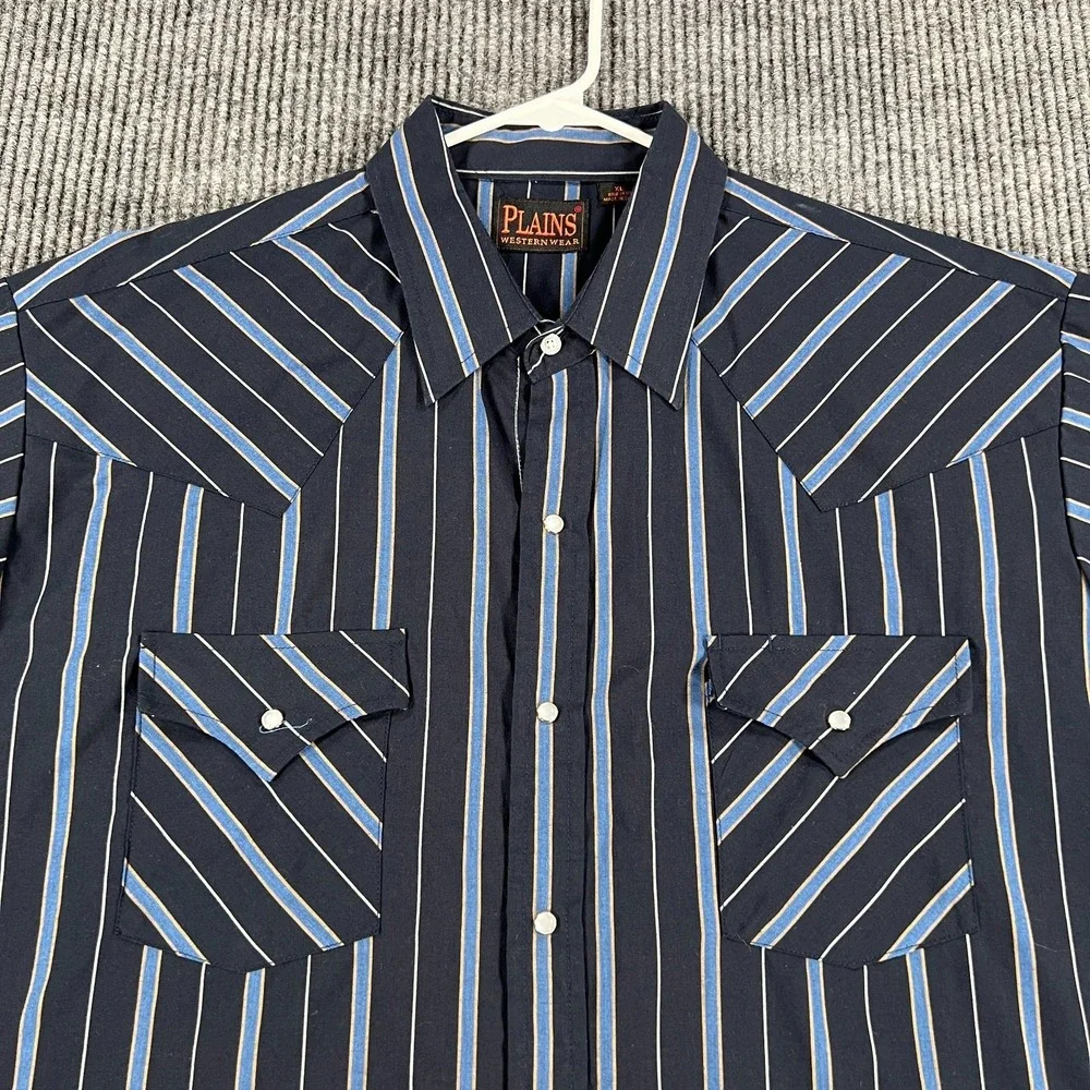 Plains Western Wear Shirt‎ Mens XL Extra Large Blue Striped Short Sleeve Snap
